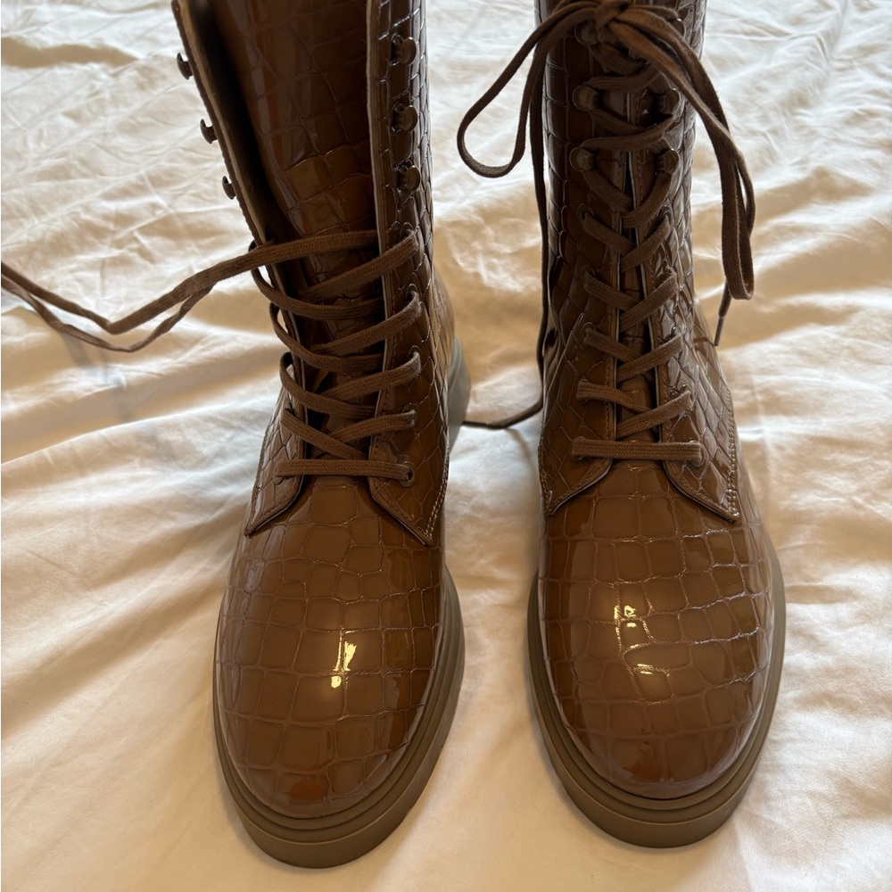 Stuart Weitzman Glossy Croc-Embossed Dark Brown Lace-Up Ankle Boots